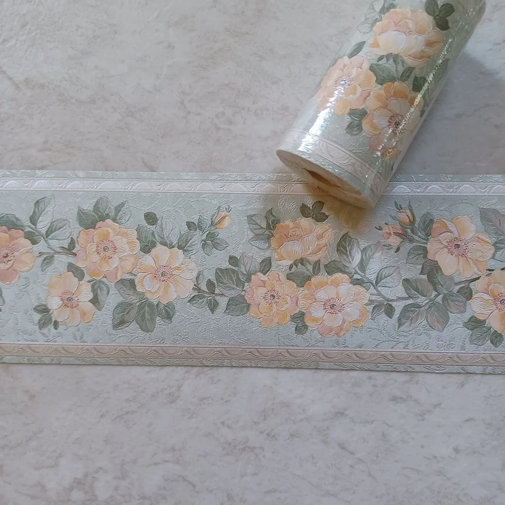 Wallpaper Border Silk Rose Blossoms Pastel Green